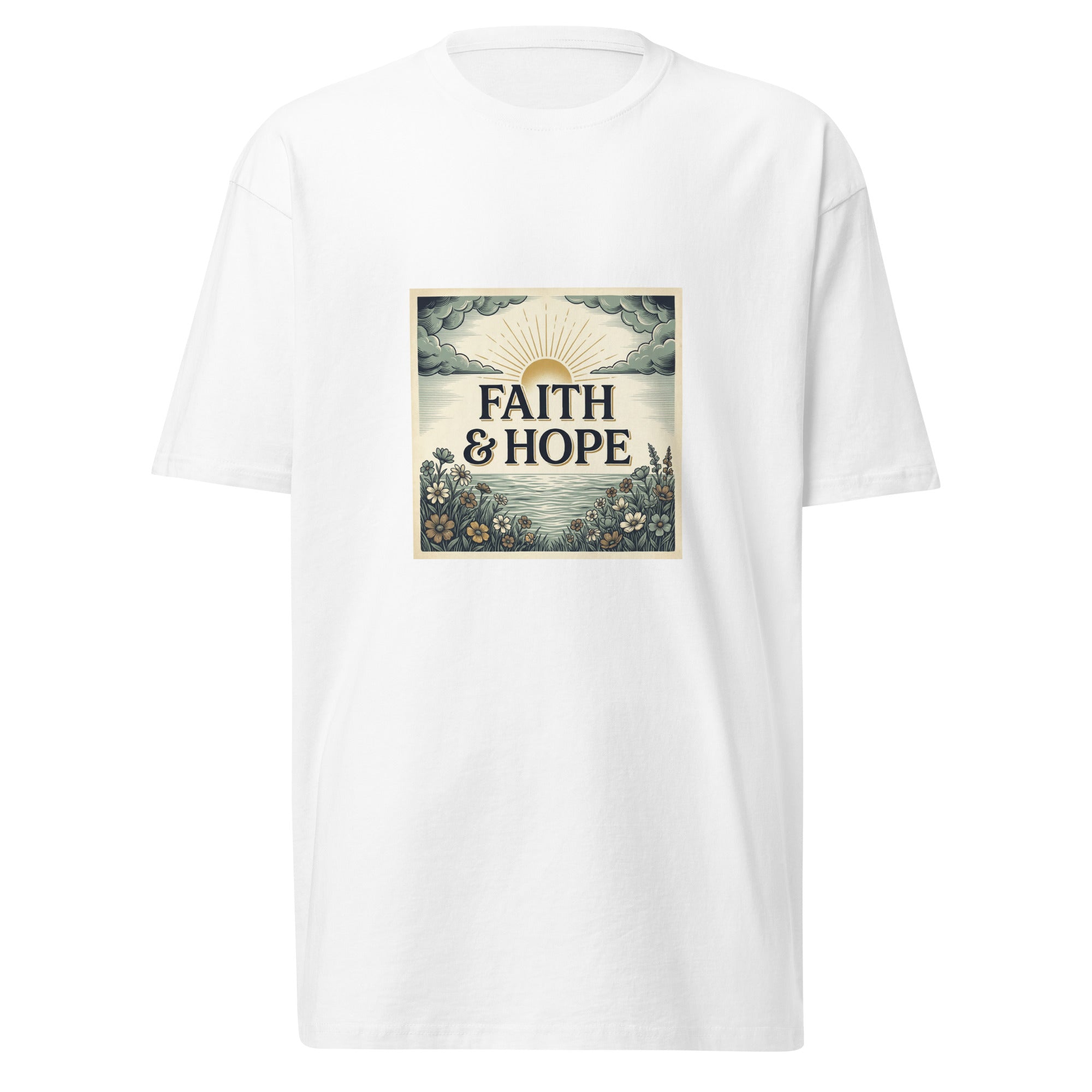 Good & Faithful co white heavyweight cotton t-shirt featuring a Faith & Hope sun and flower graphic print