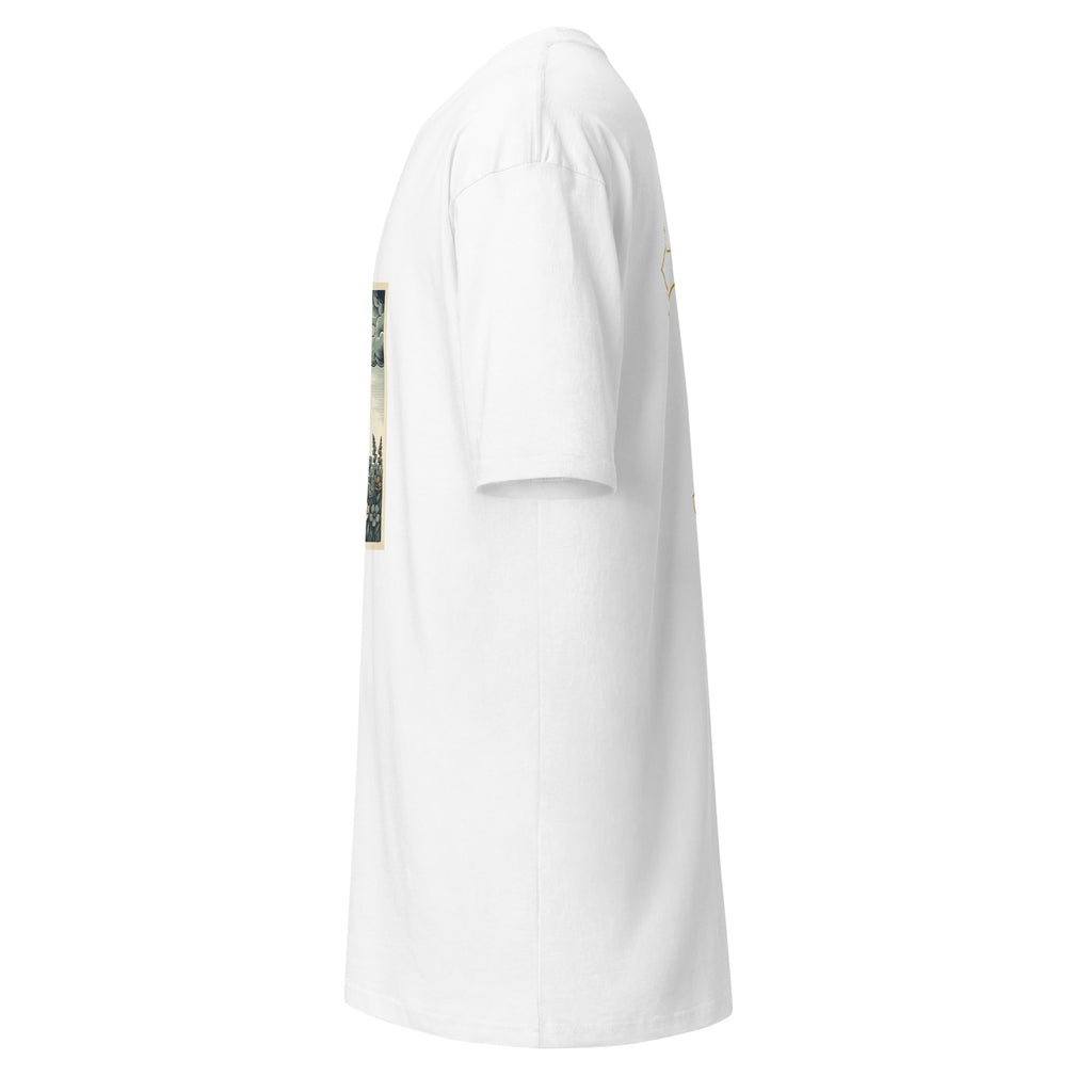 Side view of a white Good & Faithful co heavyweight ring-spun cotton t-shirt with a graphic print on the side.