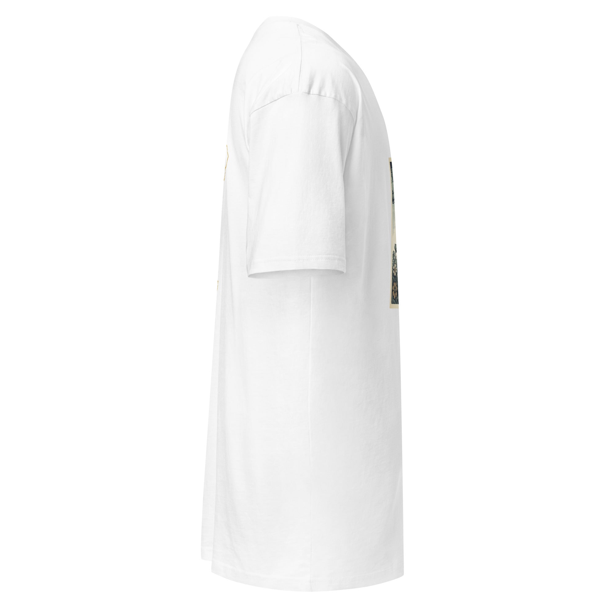 Side view of a white Good & Faithful co heavyweight ring-spun cotton t-shirt with a graphic print on the back.